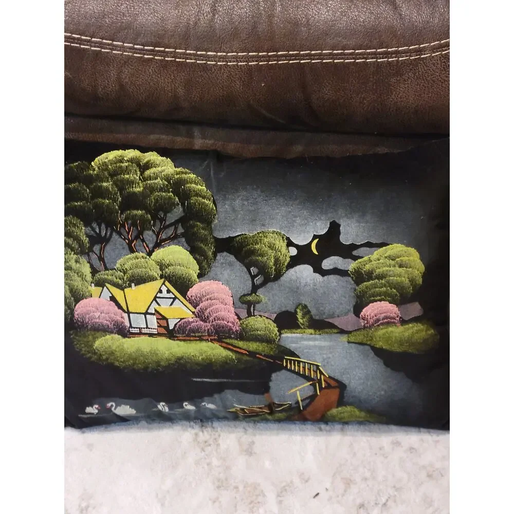 Vintage Hand Painted Black Velvet Landscape Throw Pillow Cottagecore Folk Art